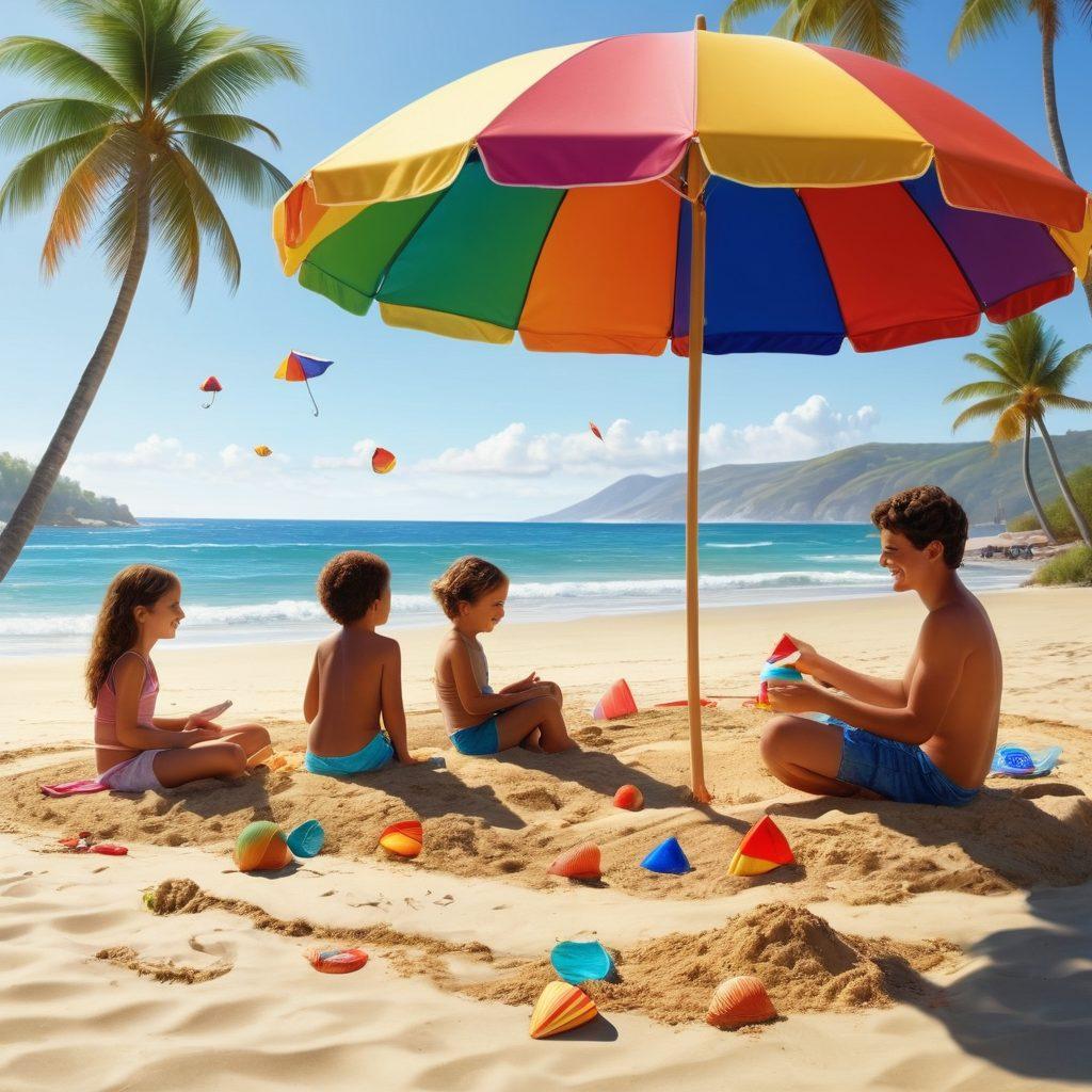 A sunny beach scene with a happy family building a sandcastle, children flying kites, and a distant view of a calm sea with surfboards propped up under a colorful beach umbrella. Include summer elements like seashells, beach balls, and sunblock. Show warm, inviting smiles and laughter to capture the essence of family bonding. super-realistic. vibrant colors. warm tones.