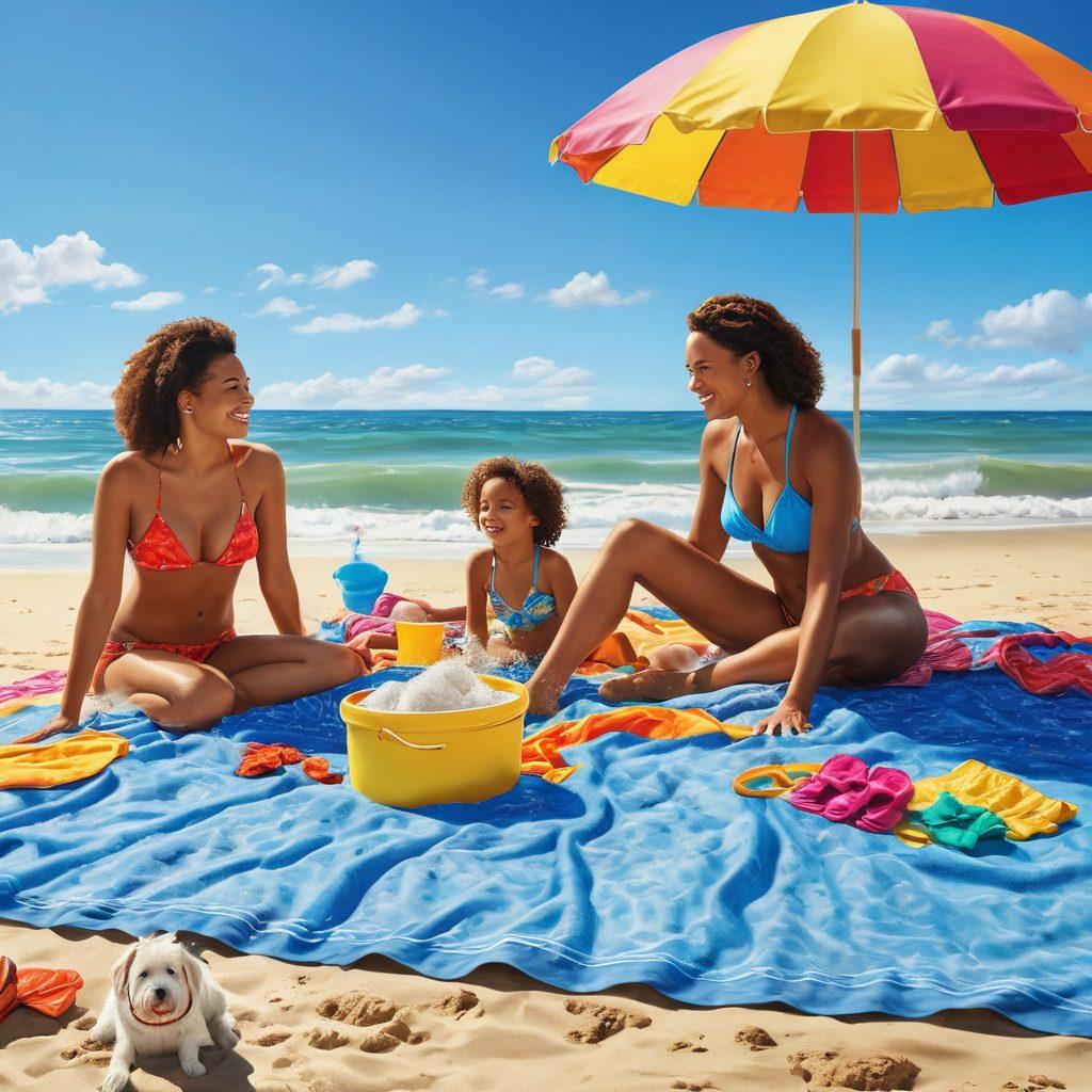 A vibrant beach scene filled with diverse families enjoying the sun, showcasing a variety of swimwear styles and colors. Include children building sandcastles, parents lounging with umbrellas, and a playful dog splashing in the waves. Emphasize the joy and fun associated with family beach outings, with clear blue skies and colorful beach towels. vibrant colors. super-realistic.